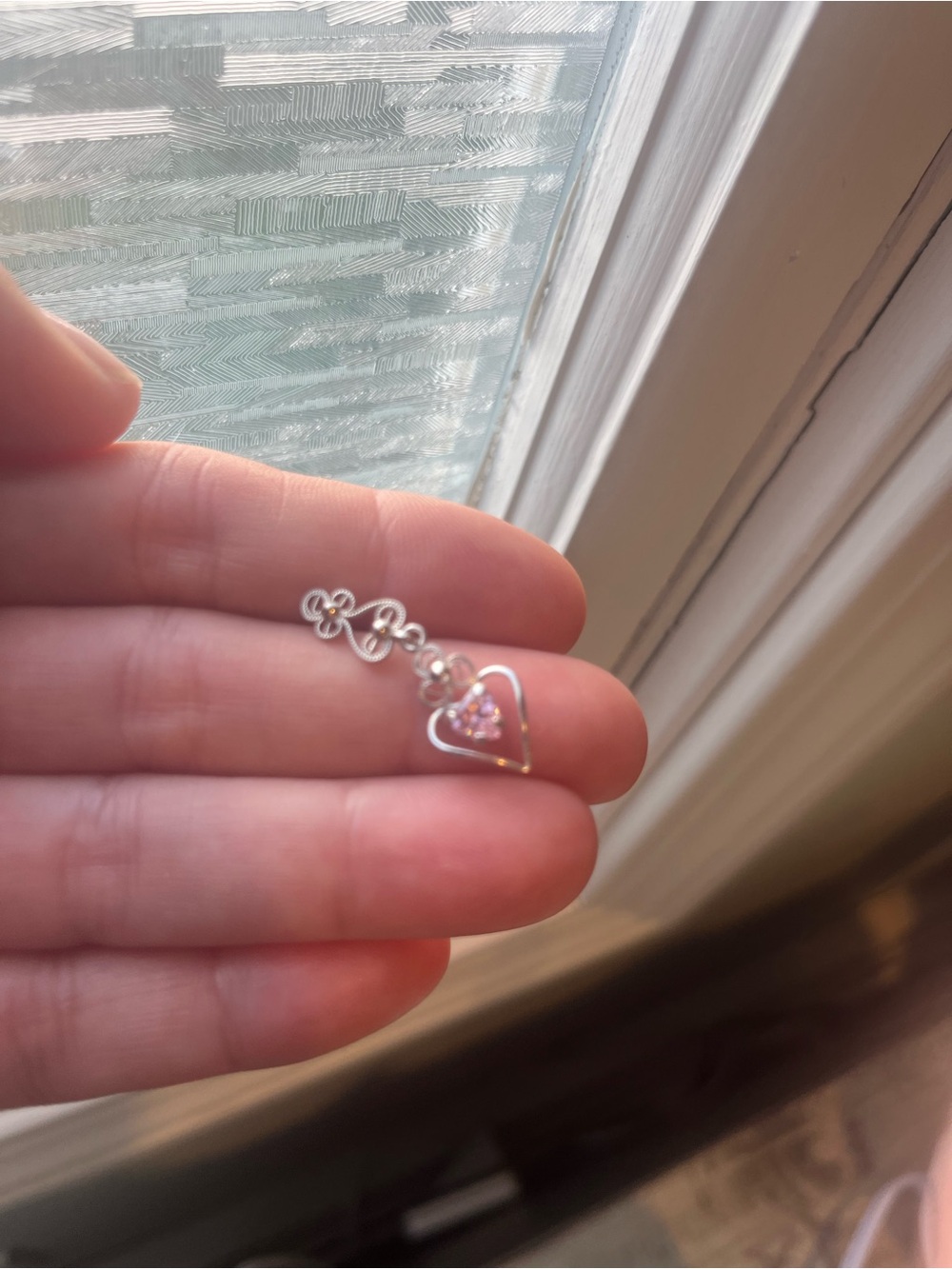 Silver Heart Drop Earrings with Pink Crystal Accent